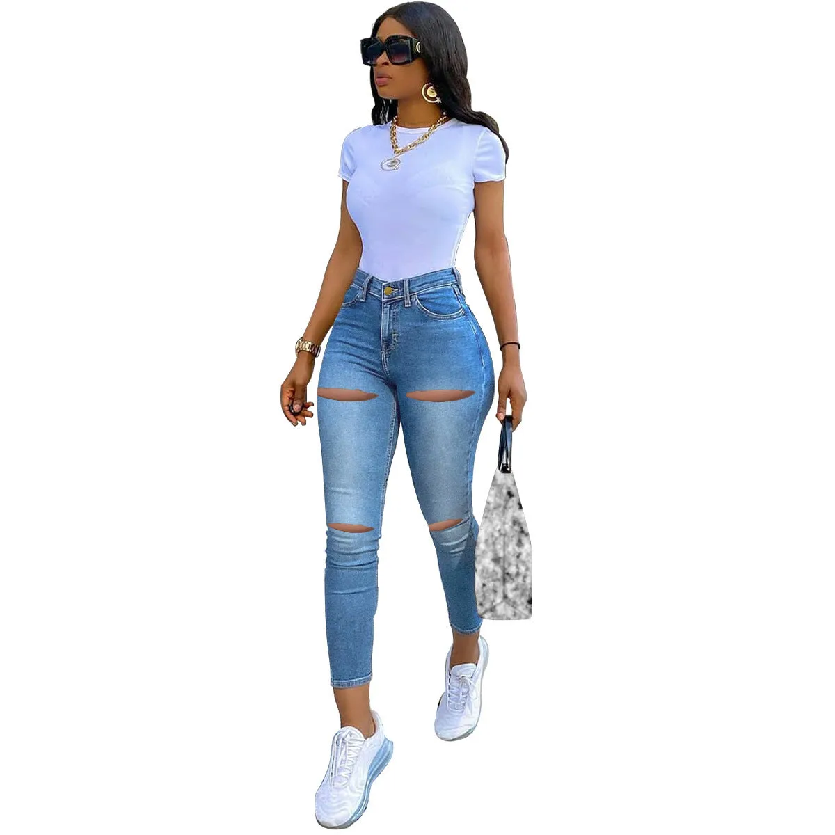 Women's High Waist Skinny Denim Jeans with Rips