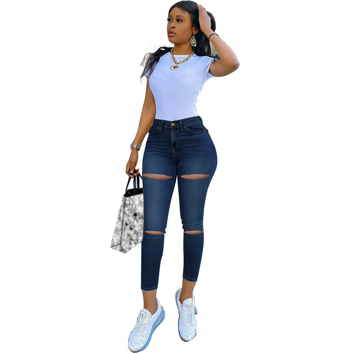 Women's High Waist Skinny Denim Jeans with Rips