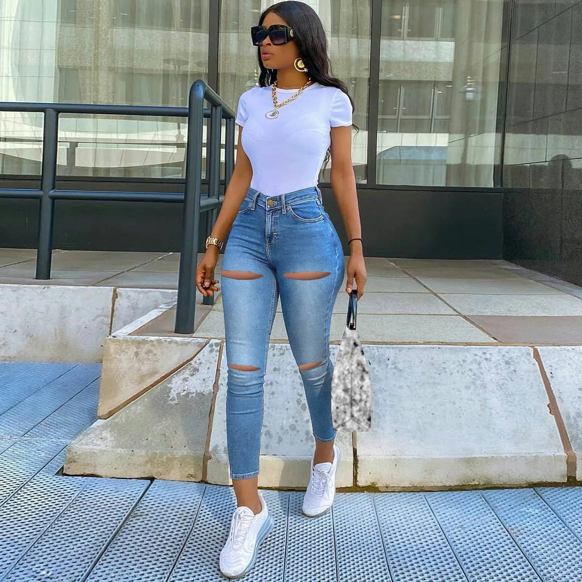 Women's High Waist Skinny Denim Jeans with Rips