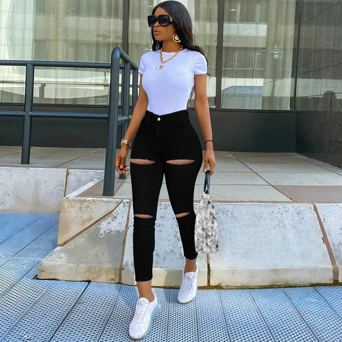Women's High Waist Skinny Denim Jeans with Rips