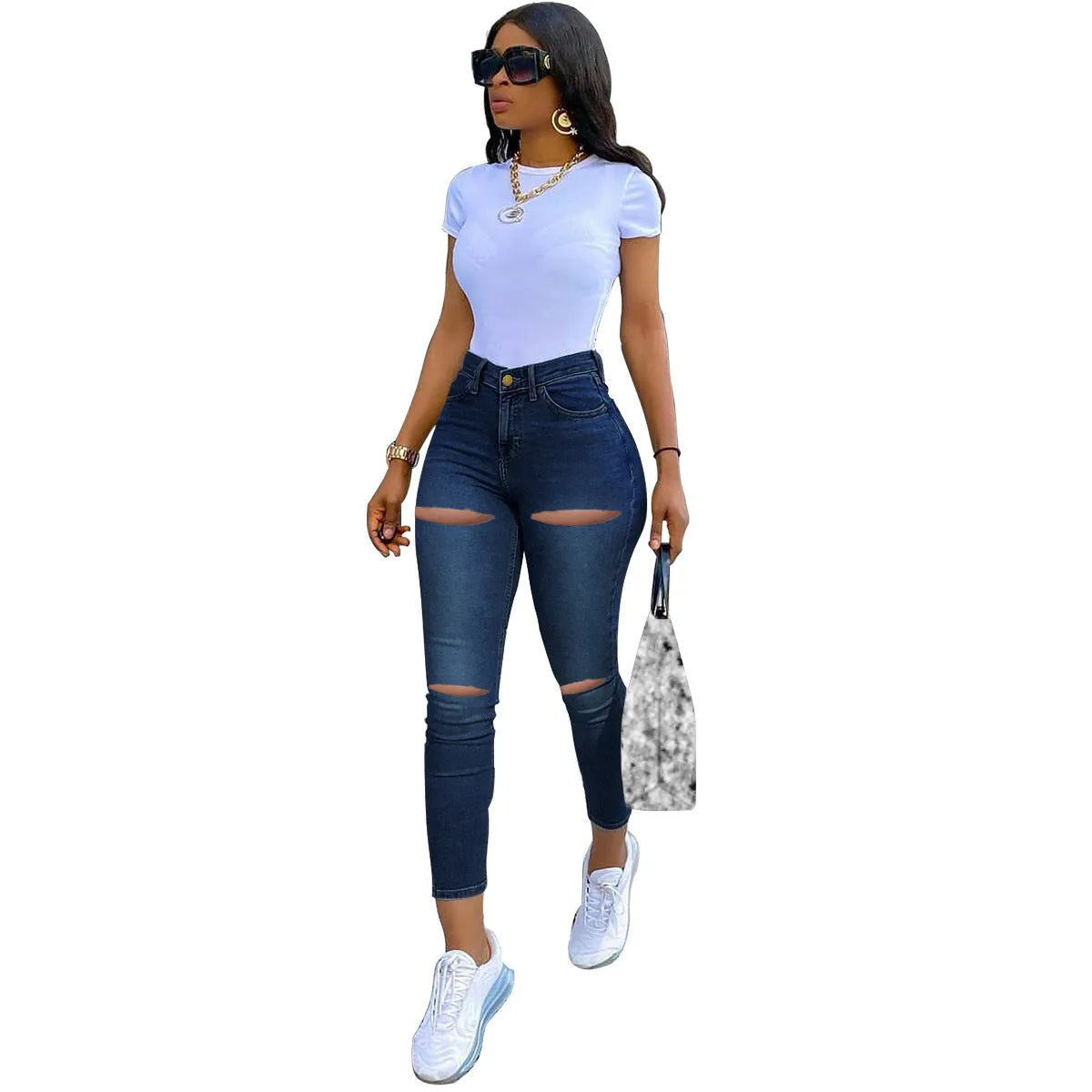 Women's High Waist Skinny Denim Jeans with Rips