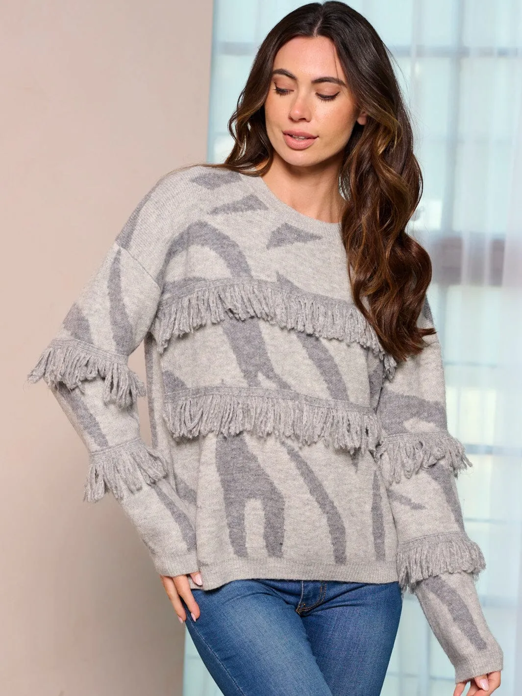 WOMEN'S LONG SLEEVE ANIMAL PRINT FRINGE PULLOVER SWEATER