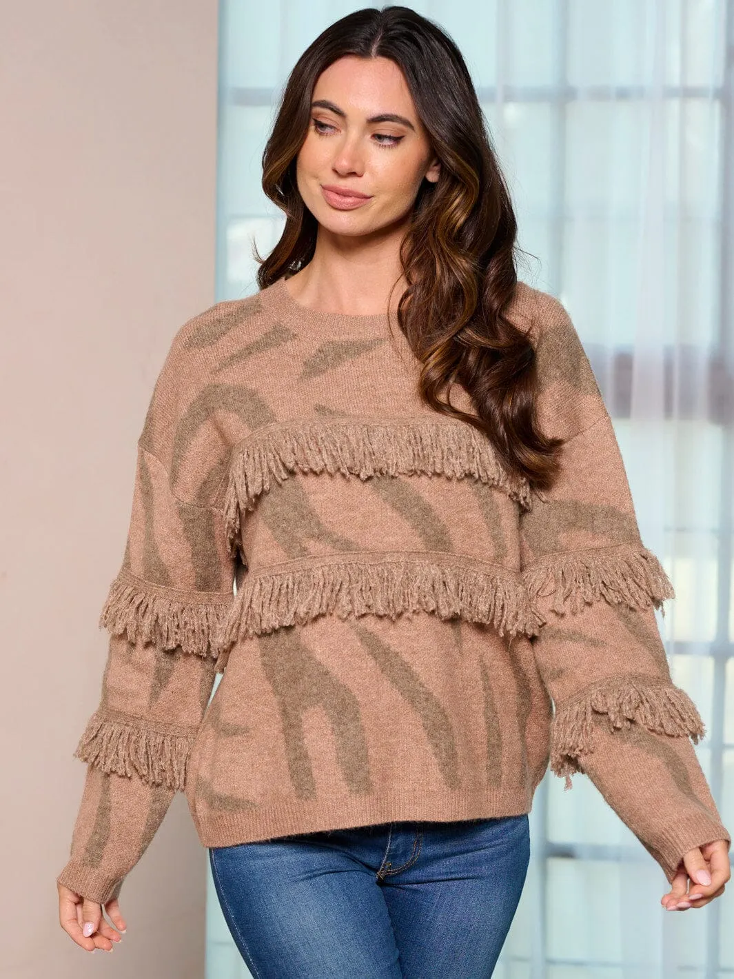 WOMEN'S LONG SLEEVE ANIMAL PRINT FRINGE PULLOVER SWEATER