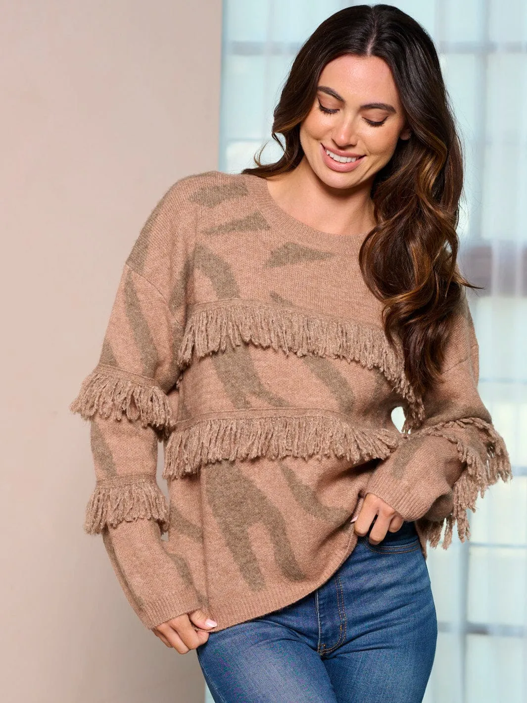 WOMEN'S LONG SLEEVE ANIMAL PRINT FRINGE PULLOVER SWEATER