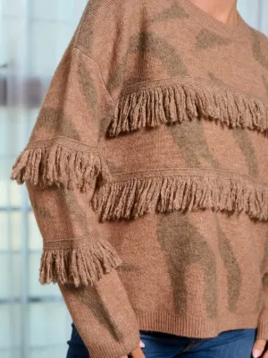 WOMEN'S LONG SLEEVE ANIMAL PRINT FRINGE PULLOVER SWEATER