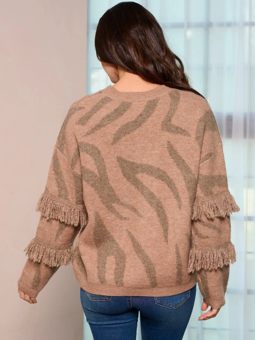 WOMEN'S LONG SLEEVE ANIMAL PRINT FRINGE PULLOVER SWEATER