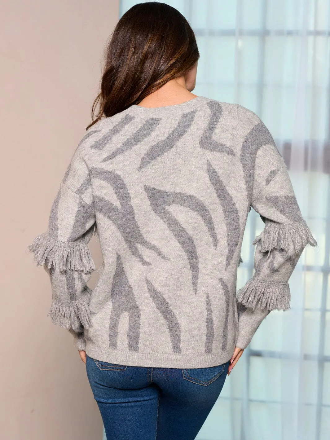 WOMEN'S LONG SLEEVE ANIMAL PRINT FRINGE PULLOVER SWEATER