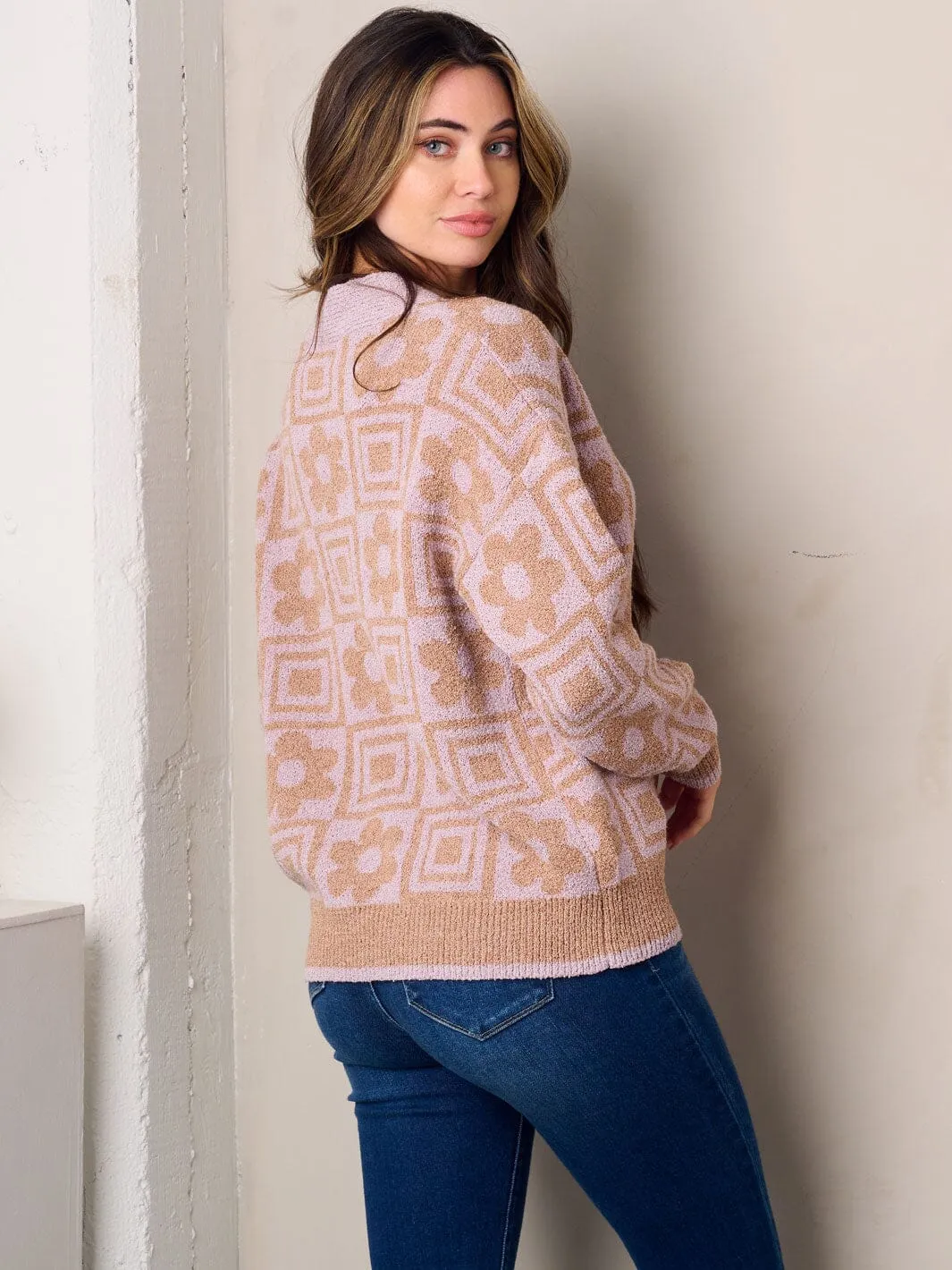 WOMEN'S LONG SLEEVE BUTTON UP MULTI PRINT SWEATER