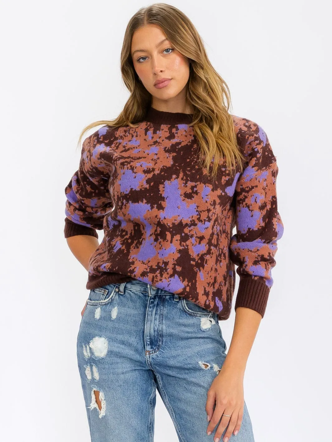 WOMEN'S LONG SLEEVE MULTI PRINT PULLOVER SWEATER