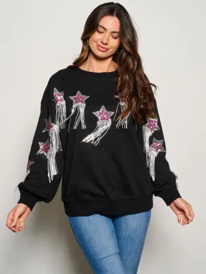 WOMEN'S LONG SLEEVE SEQUINS STARS DETAILED SWEATER