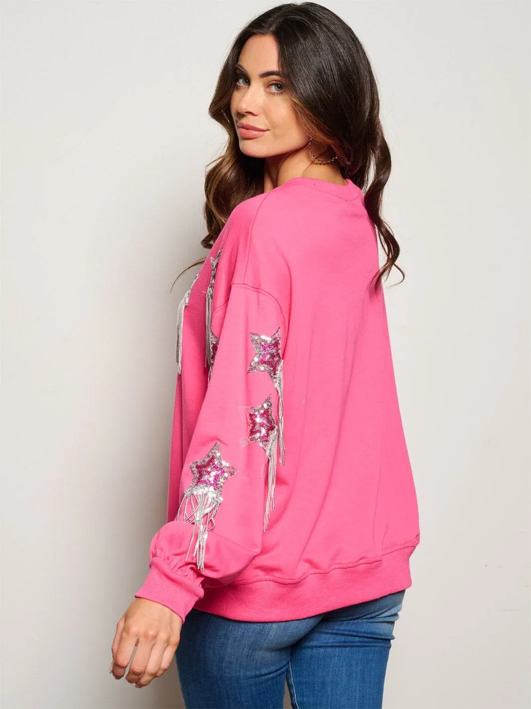 WOMEN'S LONG SLEEVE SEQUINS STARS DETAILED SWEATER