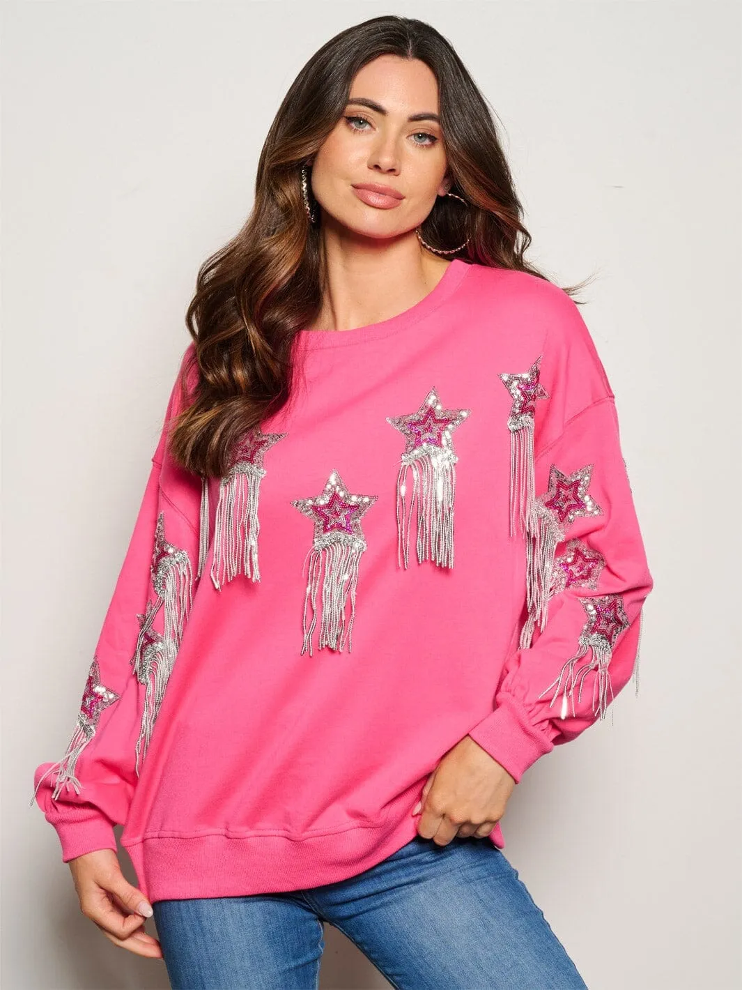 WOMEN'S LONG SLEEVE SEQUINS STARS DETAILED SWEATER