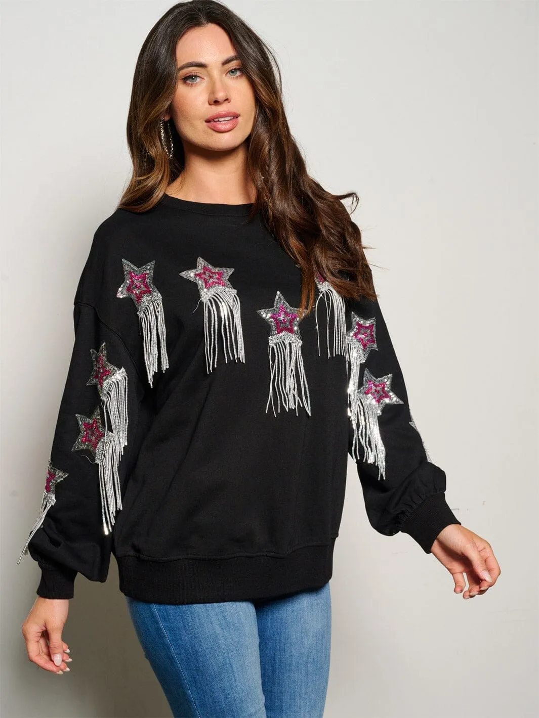 WOMEN'S LONG SLEEVE SEQUINS STARS DETAILED SWEATER