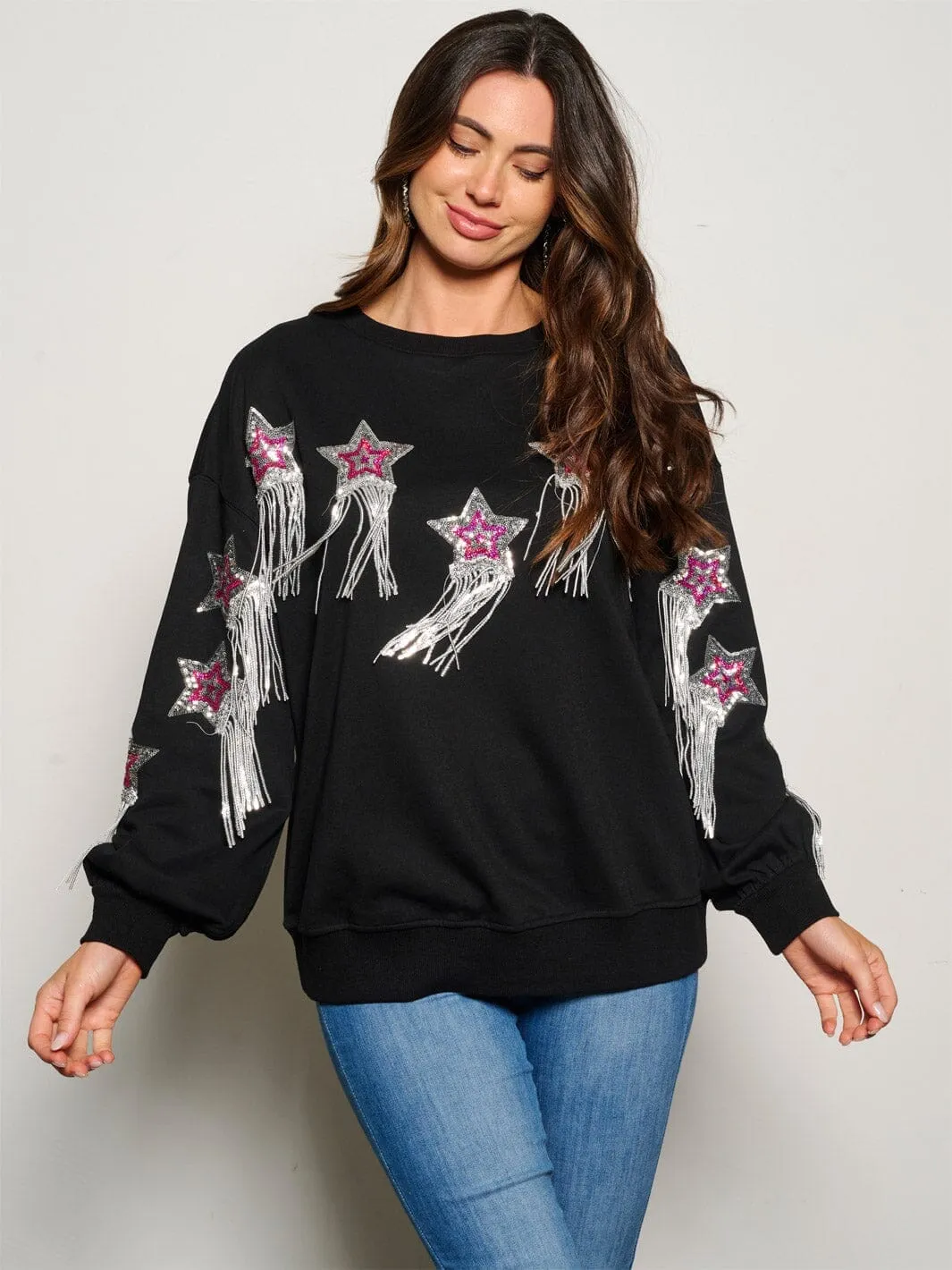 WOMEN'S LONG SLEEVE SEQUINS STARS DETAILED SWEATER