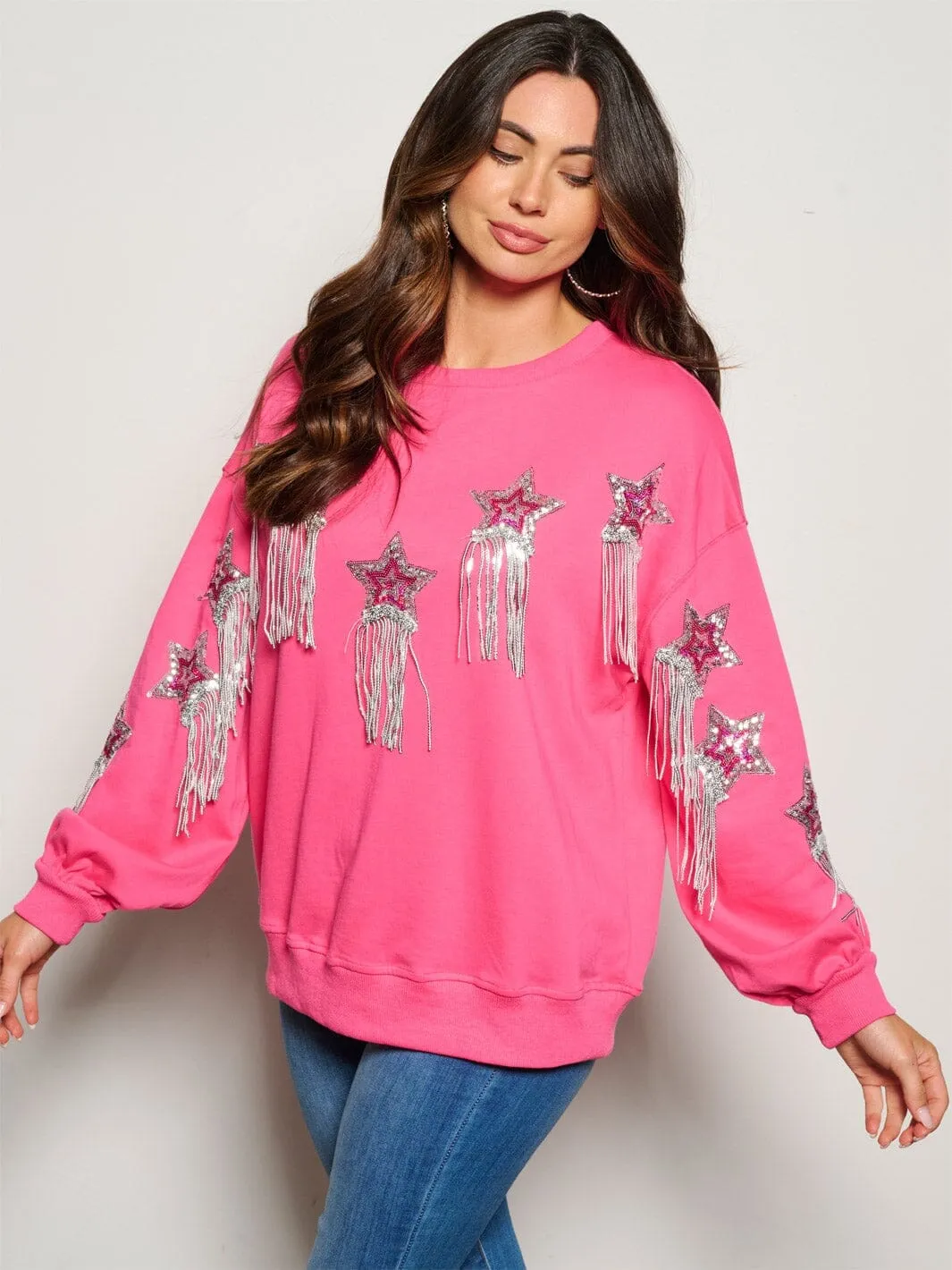 WOMEN'S LONG SLEEVE SEQUINS STARS DETAILED SWEATER