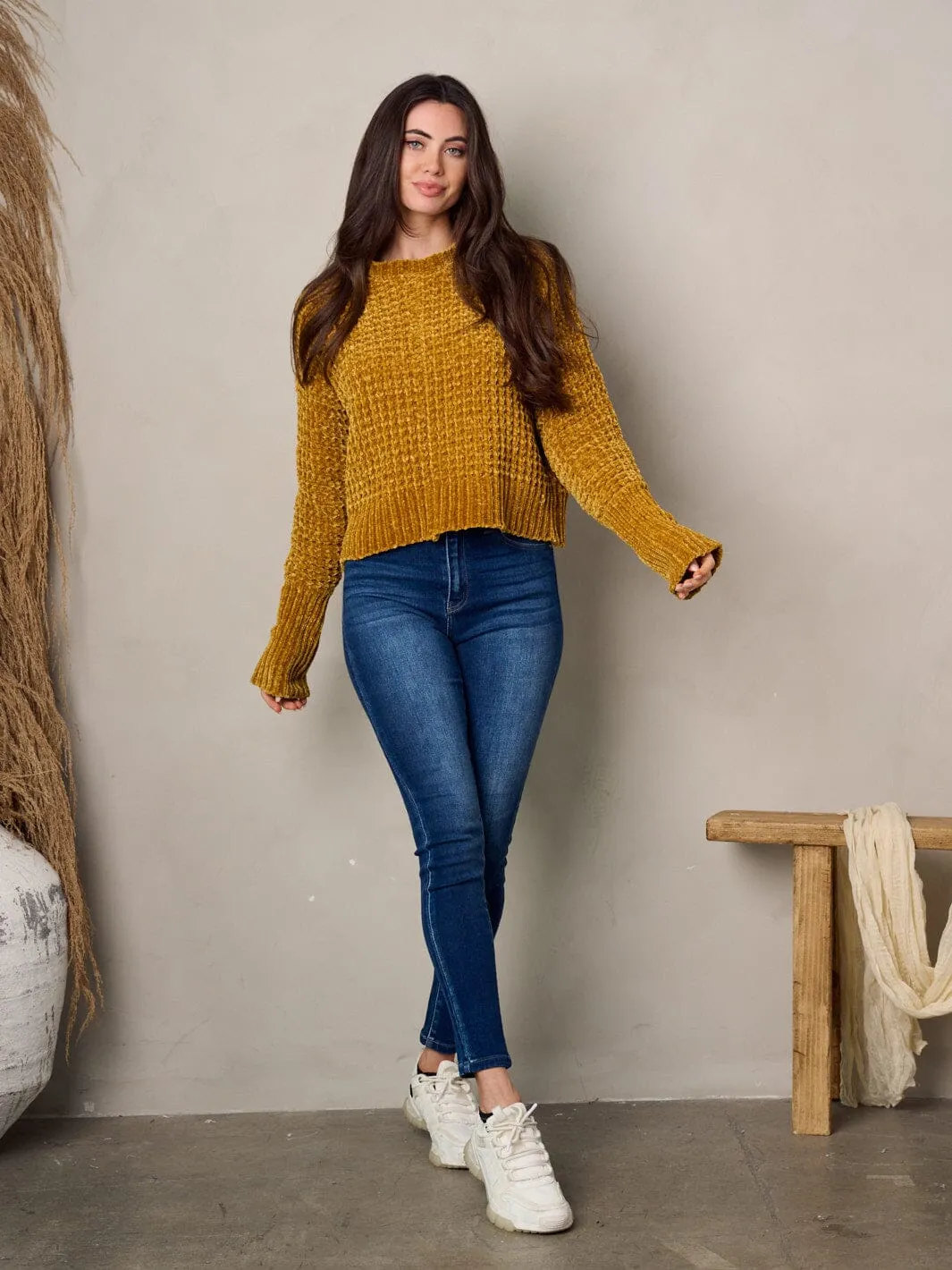 WOMEN'S LONG SLEEVE WAFFLE SWEATER