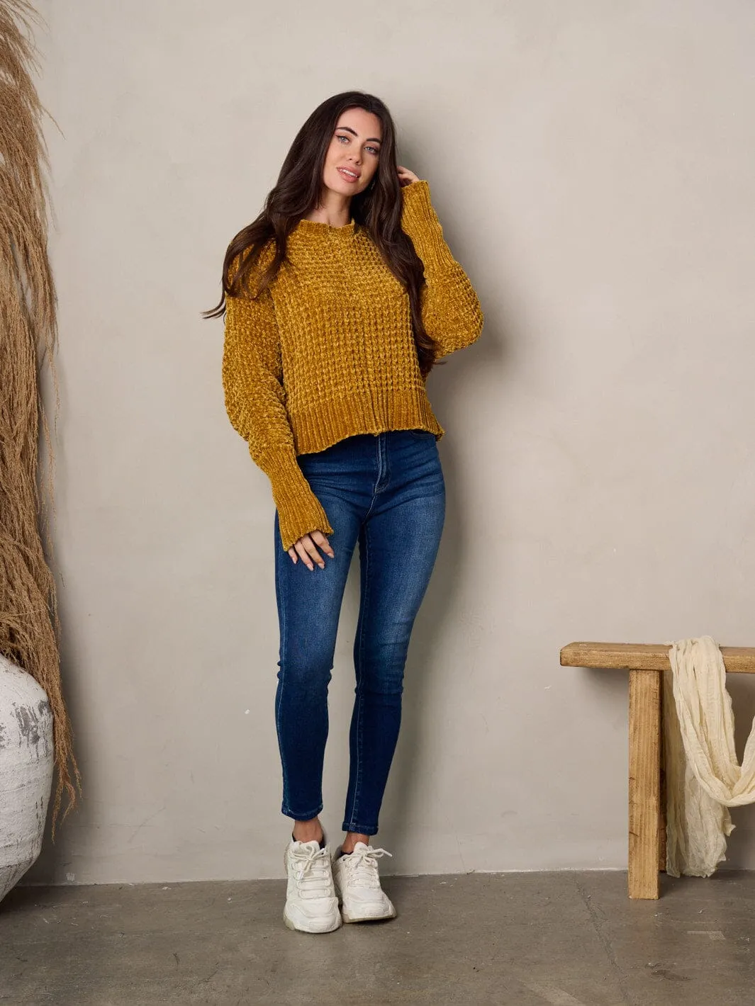 WOMEN'S LONG SLEEVE WAFFLE SWEATER