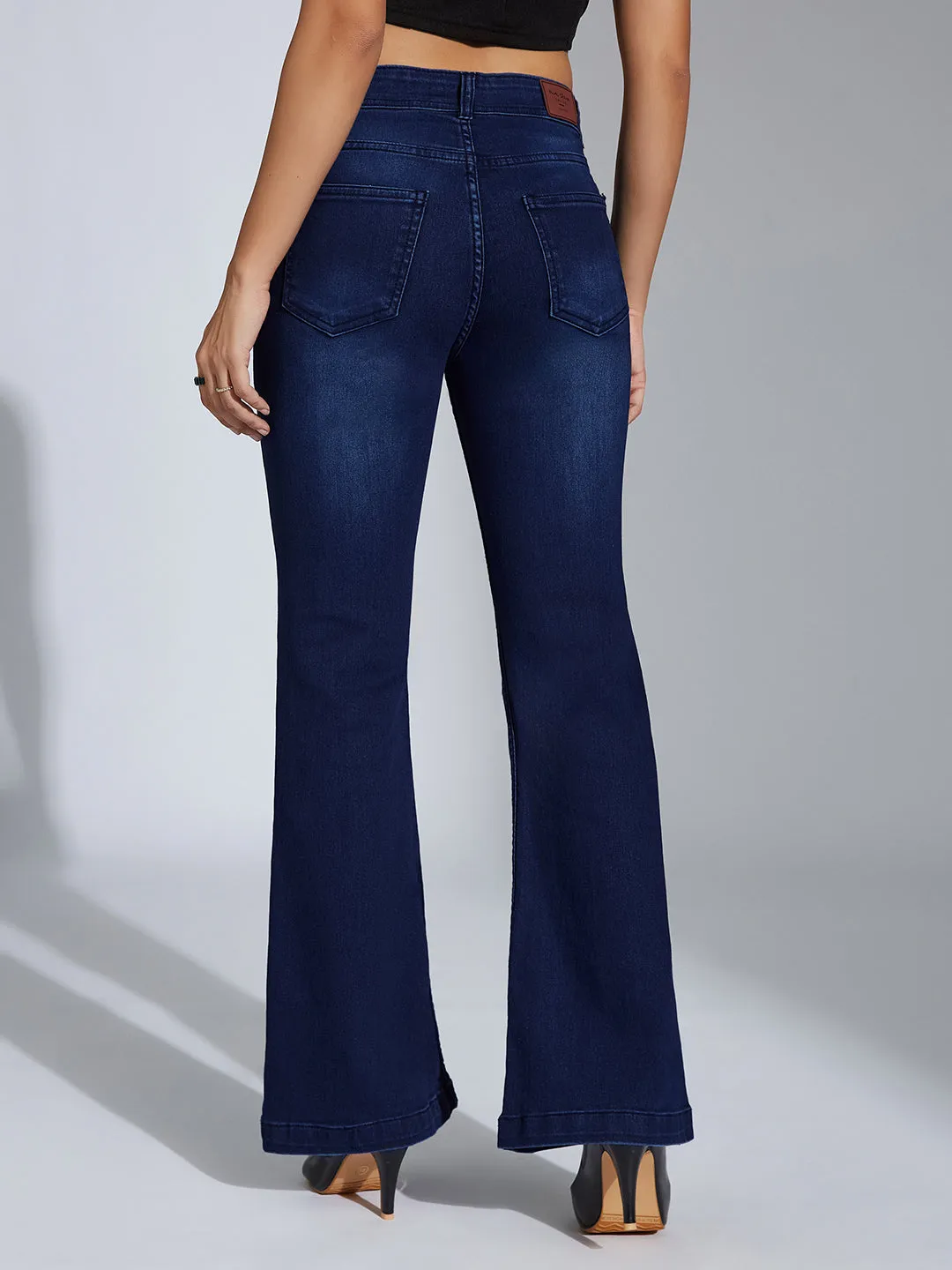 Women's Navy-Blue High-Rise Clean-Look Regular-Length Stretchable Bootcut Denim Jeans