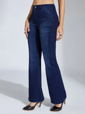 Women's Navy-Blue High-Rise Clean-Look Regular-Length Stretchable Bootcut Denim Jeans