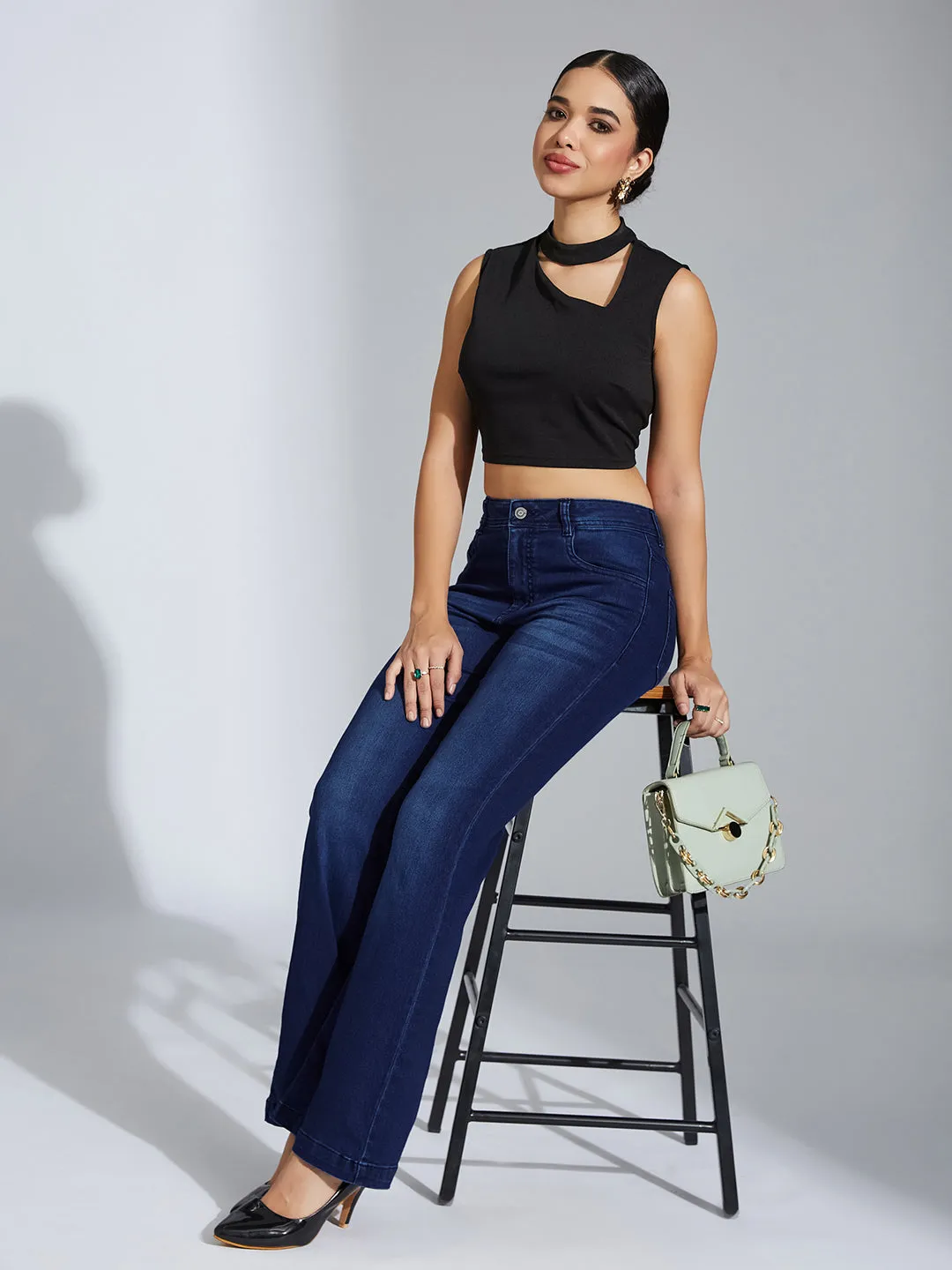 Women's Navy-Blue High-Rise Clean-Look Regular-Length Stretchable Bootcut Denim Jeans