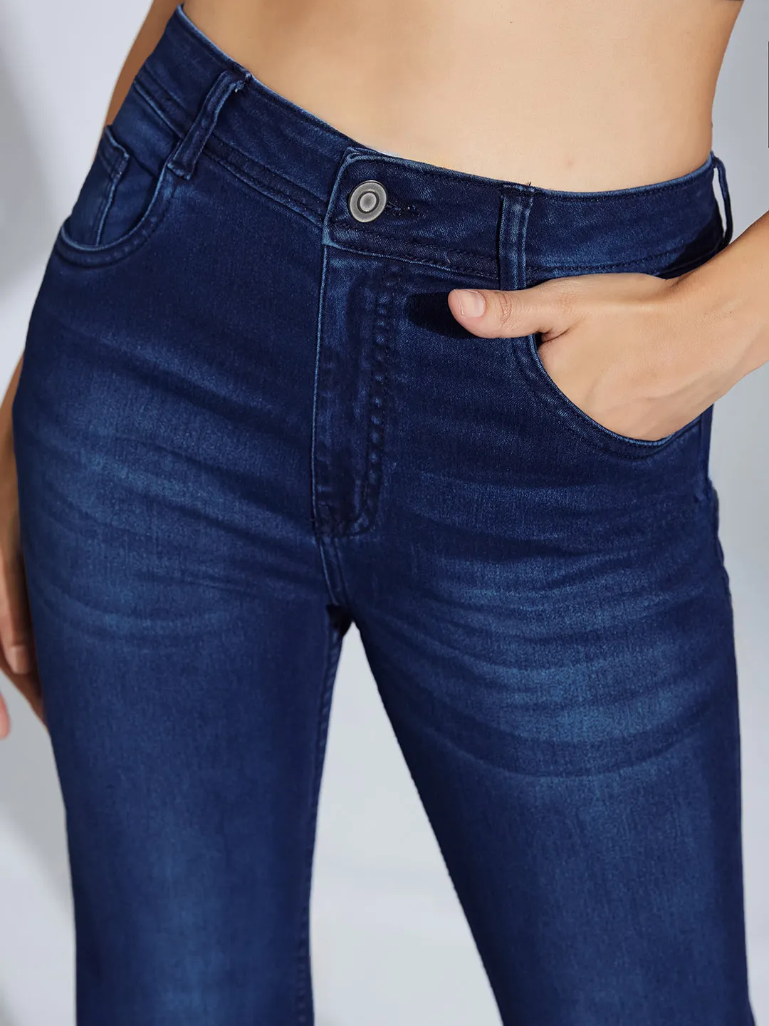 Women's Navy-Blue High-Rise Clean-Look Regular-Length Stretchable Bootcut Denim Jeans