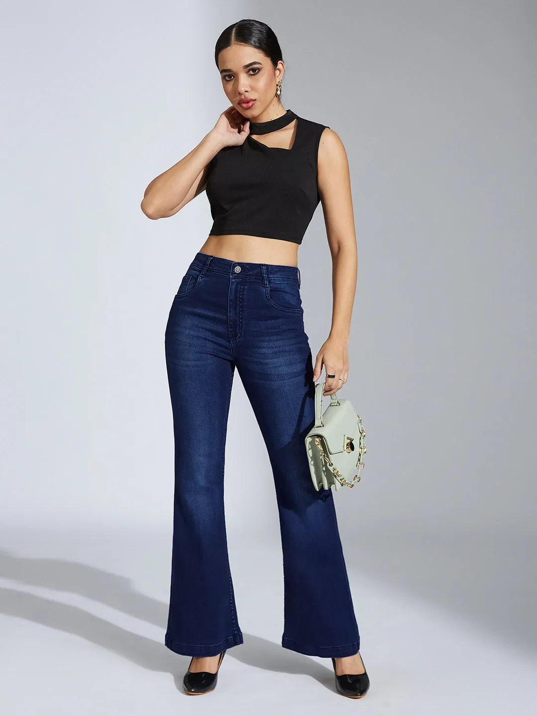 Women's Navy-Blue High-Rise Clean-Look Regular-Length Stretchable Bootcut Denim Jeans