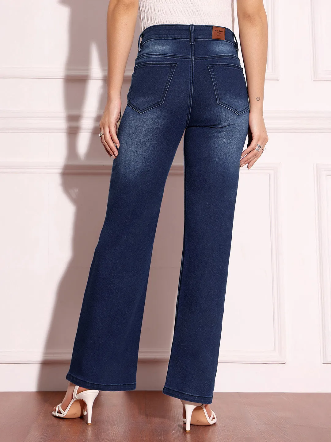 Women's Navy-Blue Straight-Fit Mid-Rise Clean-Look Regular-Length Stretchable Denim Jeans