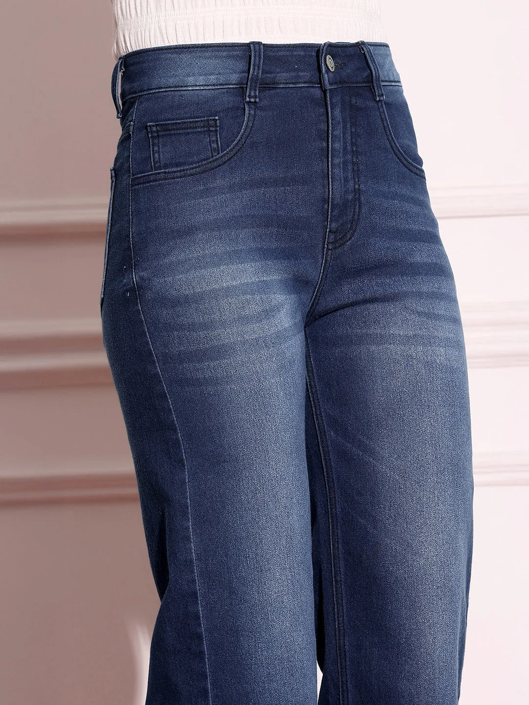 Women's Navy-Blue Straight-Fit Mid-Rise Clean-Look Regular-Length Stretchable Denim Jeans