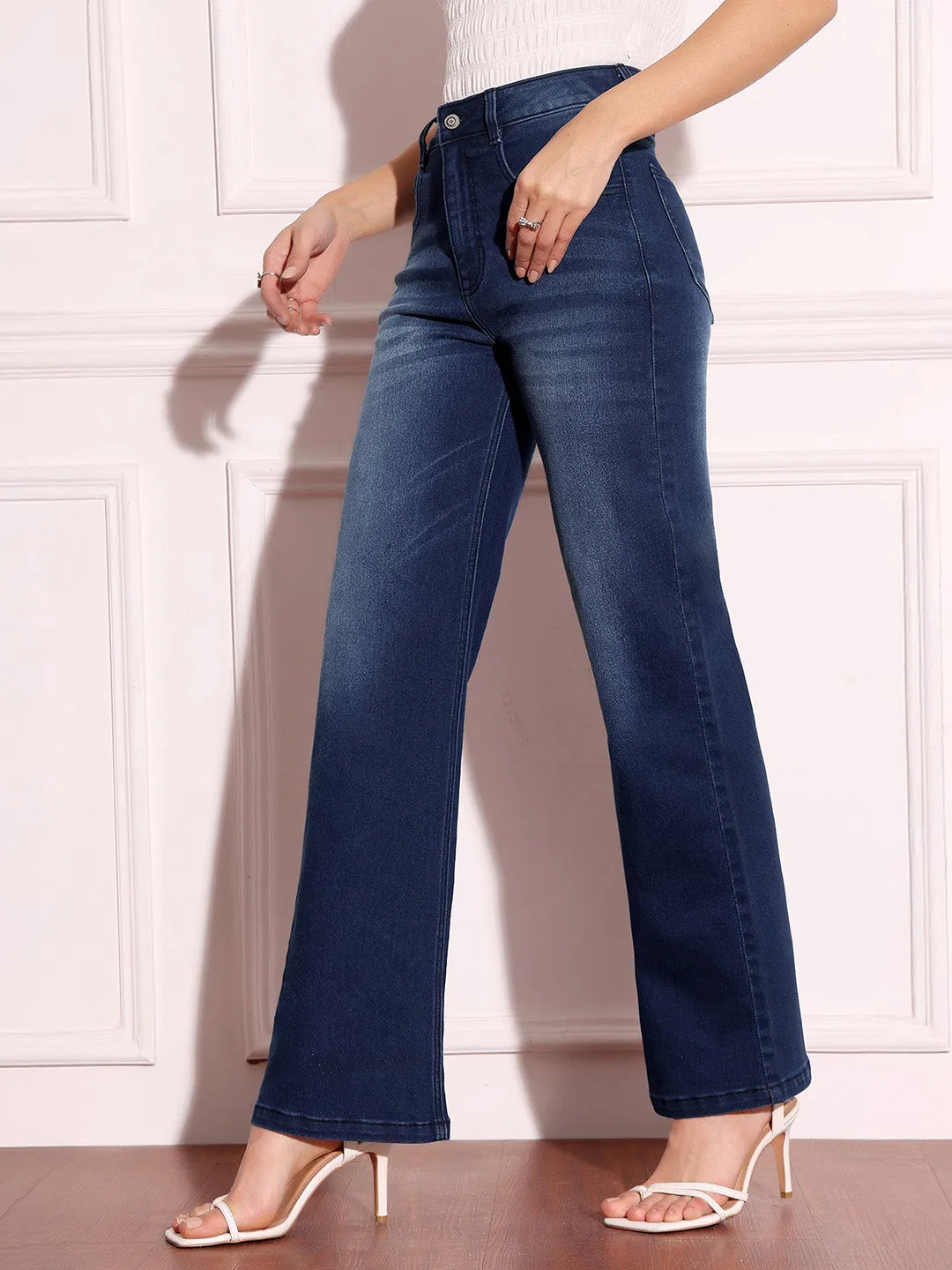 Women's Navy-Blue Straight-Fit Mid-Rise Clean-Look Regular-Length Stretchable Denim Jeans