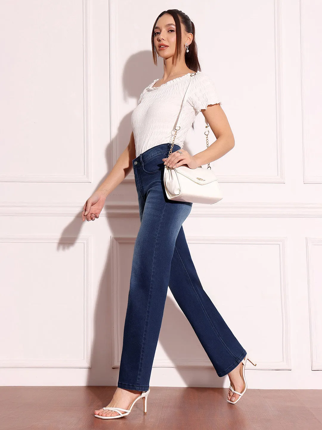 Women's Navy-Blue Straight-Fit Mid-Rise Clean-Look Regular-Length Stretchable Denim Jeans