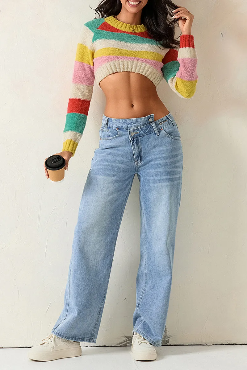 WT3083 Rainbow Crop Sweater Top
