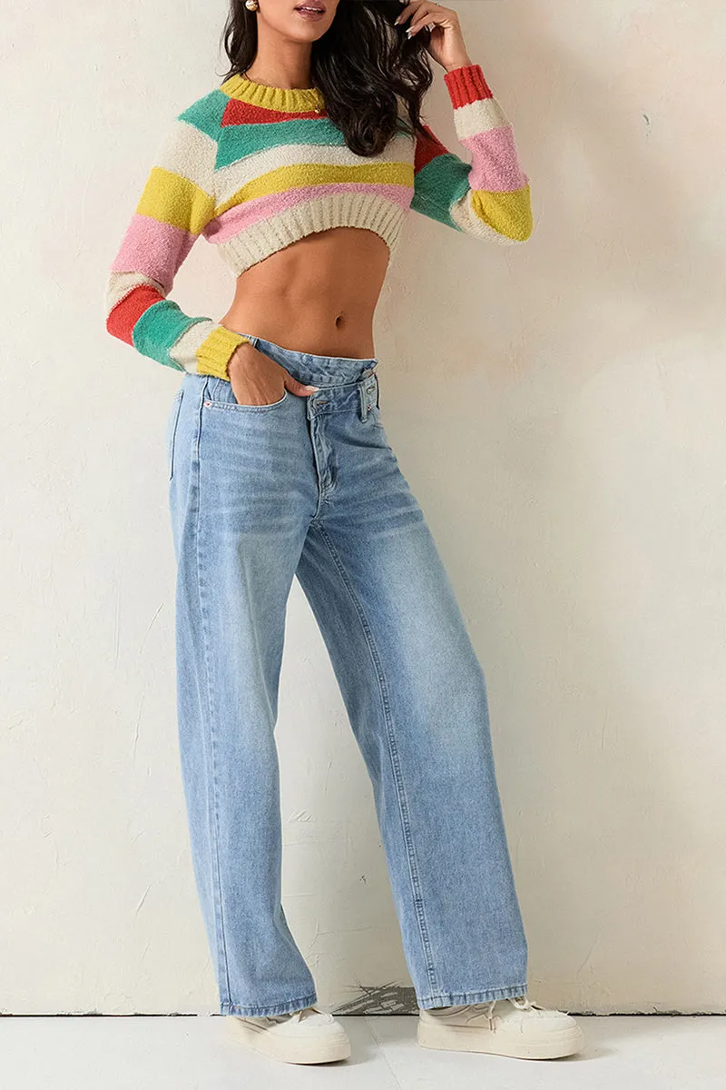 WT3083 Rainbow Crop Sweater Top