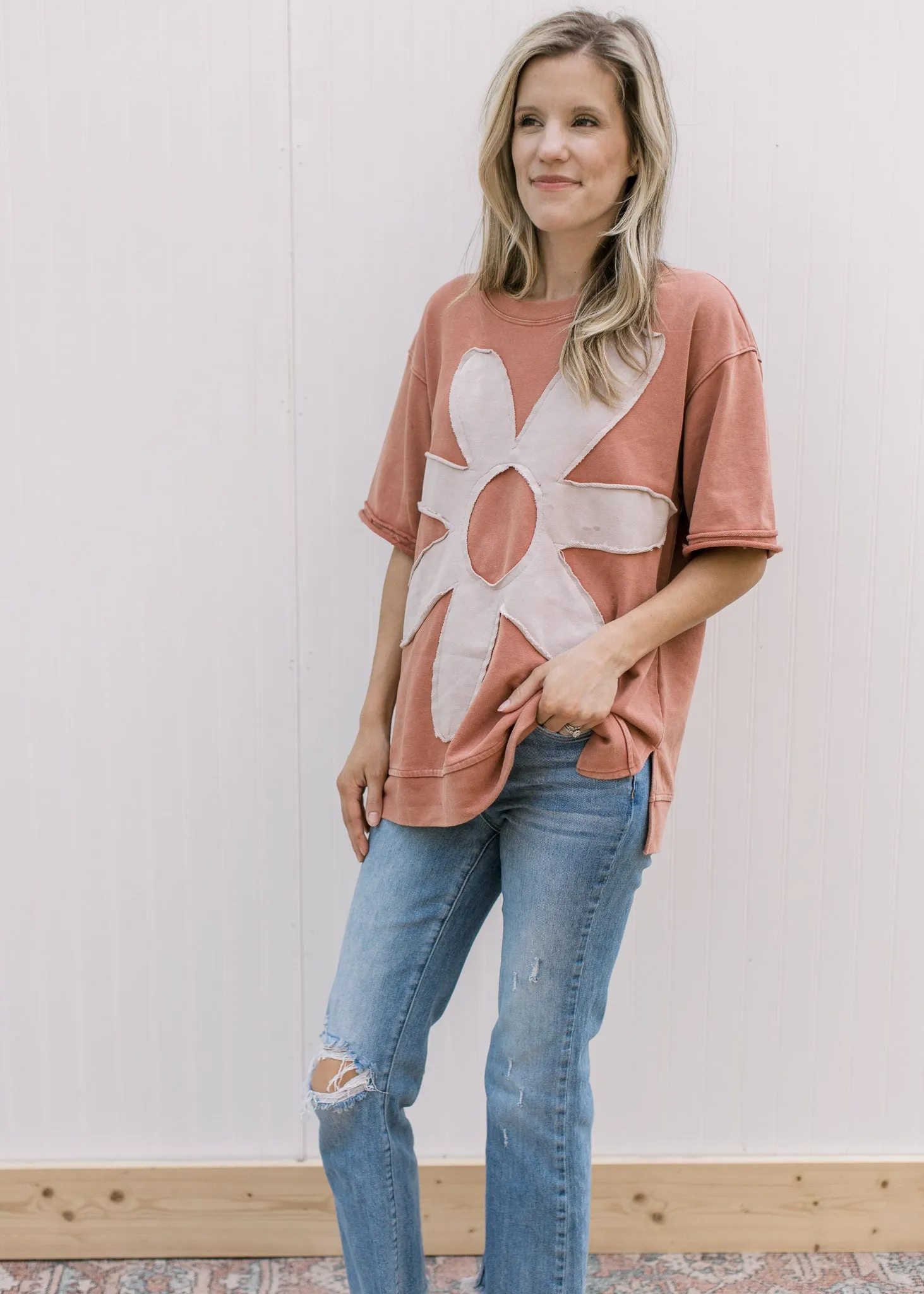 X Taupe Flower Top