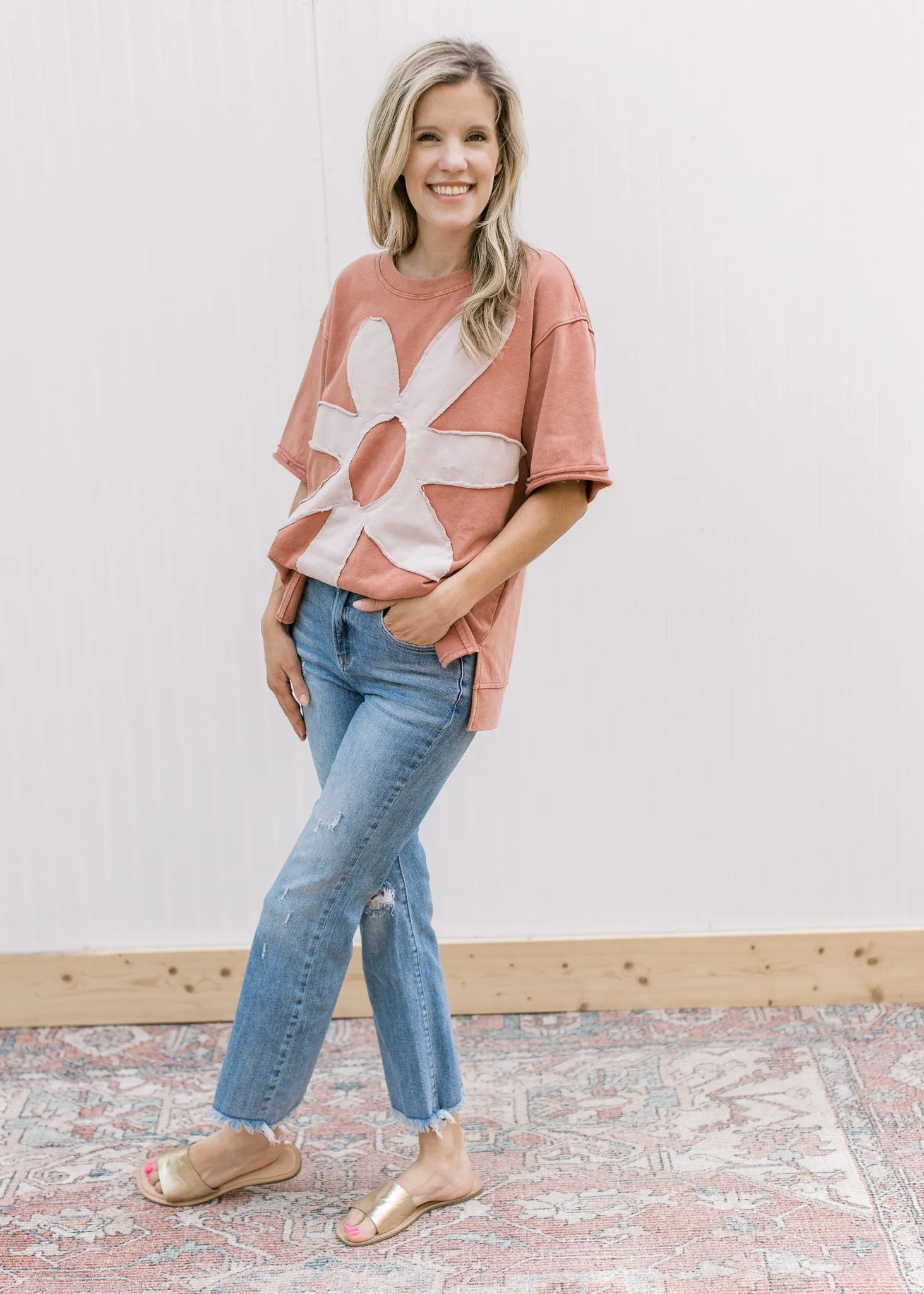 X Taupe Flower Top